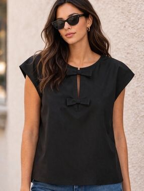 H&M | Black Sleeveless Blouse with Twin Bow Accents, Size L